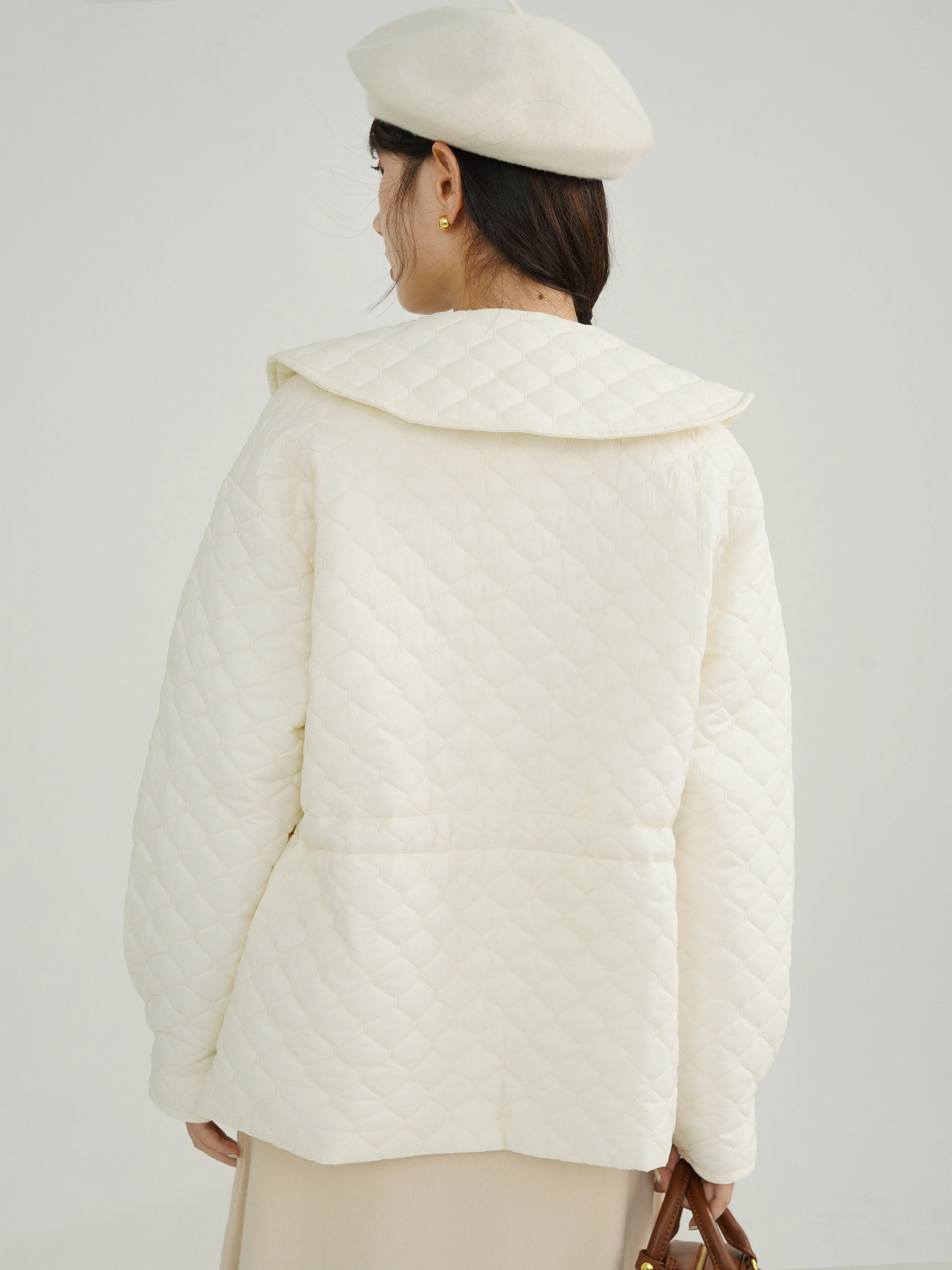 Quilted Doll Collar Cotton Jacket Women Winter Lightweight Warm Padded Coat Cute Slim Short Outerwear Petite Girls Cold Weather