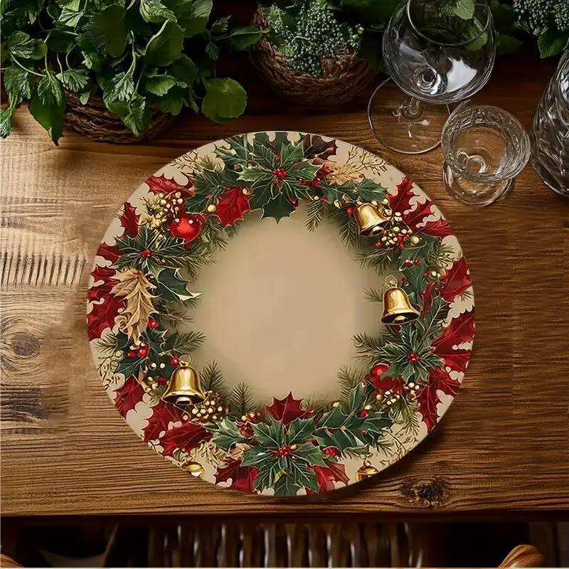 VIKAMA Christmas Placemat Holly Wreath Gold Bells Placemats Set Linen Table Mat Dining Kitchen Holiday Party Decor