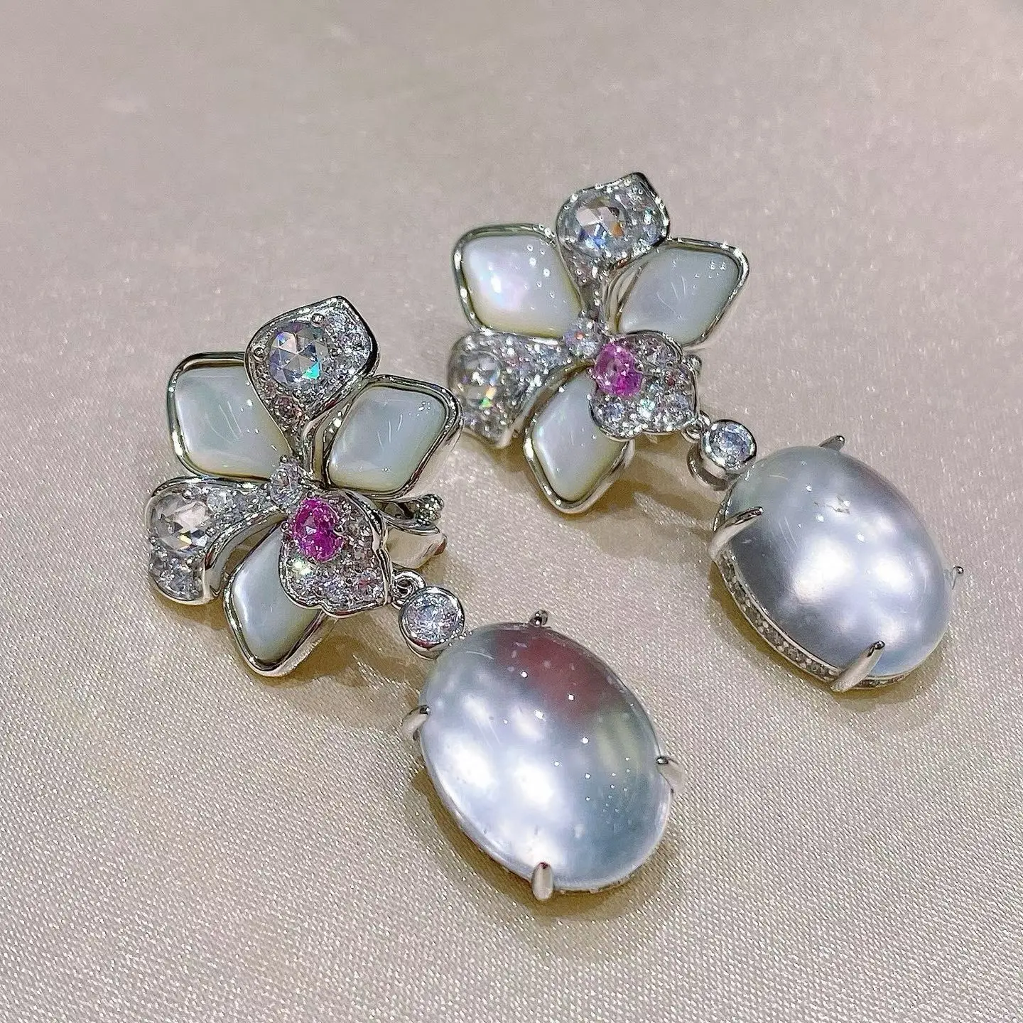 KQDANCE New 925 Sterling Silver Mother of Pearl Shell White Natural Stone Oval Egg Cut Flower Drop Earrings Luxury Fine Jewelry