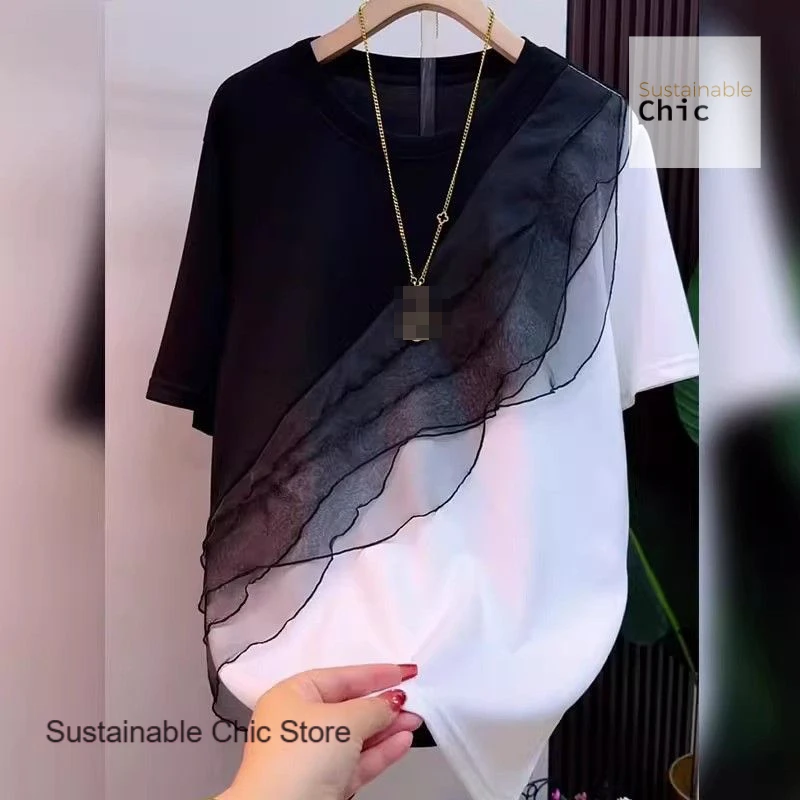 French Lace Irregular Splicing Black and White Contrast Short-sleeved T-shirt Women's Summer New Loose Slim Covered Casual Shirt