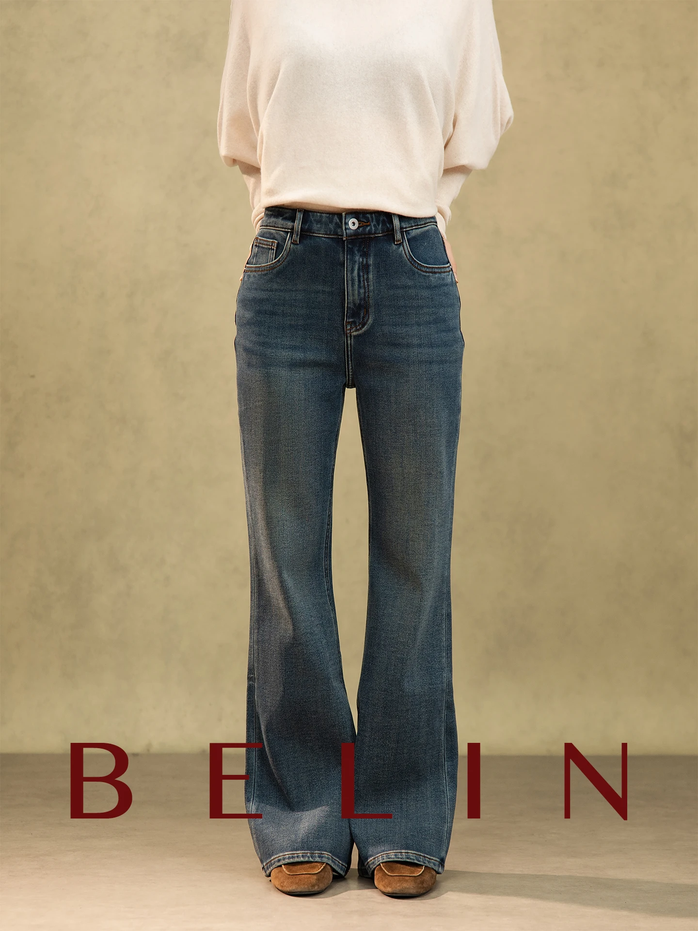 

Belin удобные джинсы-колокольчики на подкладке с высокой талией, винтажные женские джинсовые брюки премиум-класса, смесь хлопка и лайкры