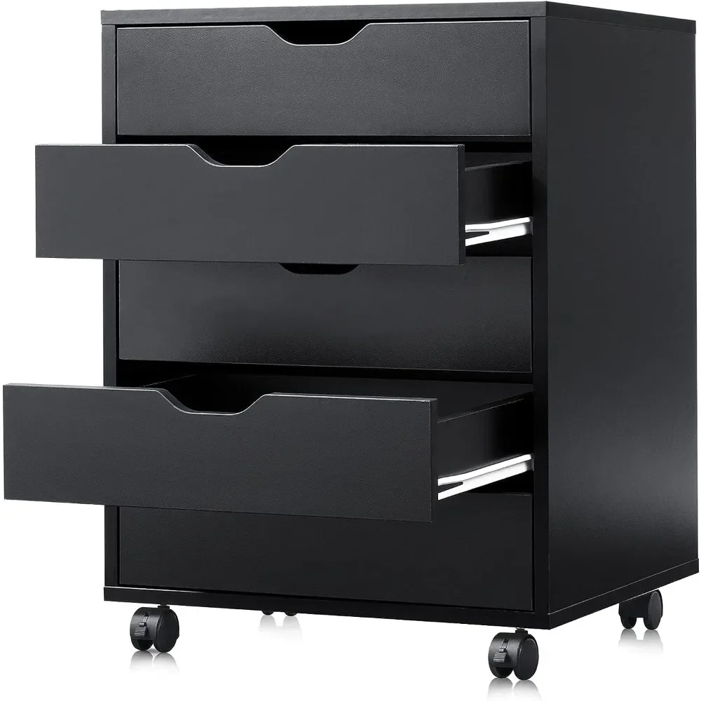 DEVAISE 5-Drawer Chest, Wood Storage Dresser Cabinet with Wheels, Black