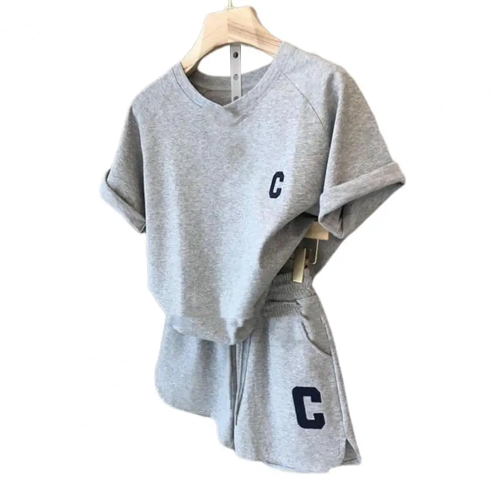 2 Pcs/Set Lady Tracksuit Short Sleeves Women Summer Tracksuit Letter Women Summer Outfit Round Neck Pockets Lady Summer Outfit