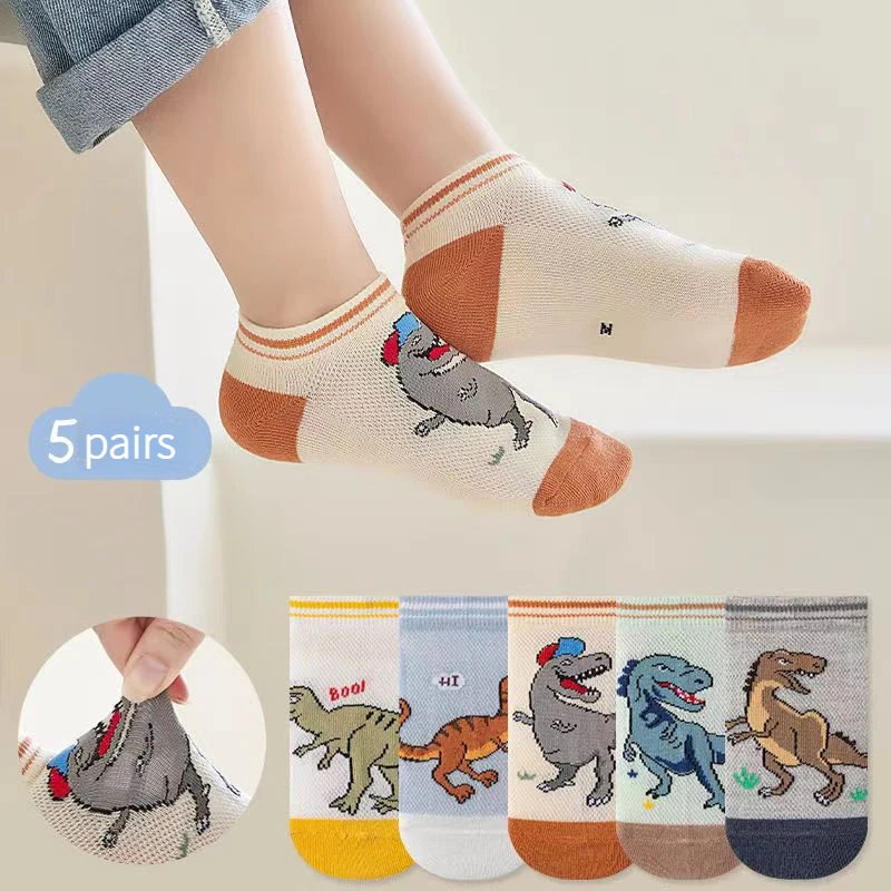 5 Pairs of Children\'s Socks Spring and Summer Mesh Thin Style Cartoon Dinosaur Boat Socks Breathable Boy Students Fashionable