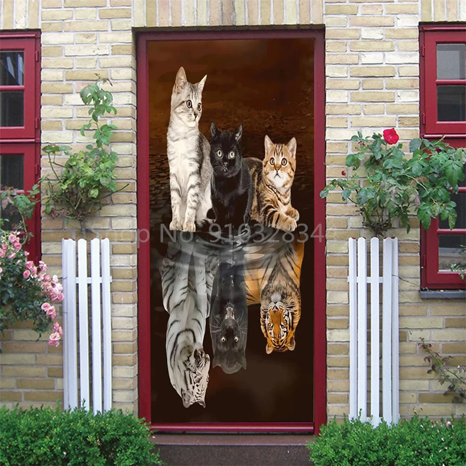 Tier-Türaufkleber Katze Tiger Hirsch Leopard Tapete Benutzerdefinierte Türen Poster Wandtattoo Selbstklebend 3D Heim-Design Dekor Türsticker – Detail 23