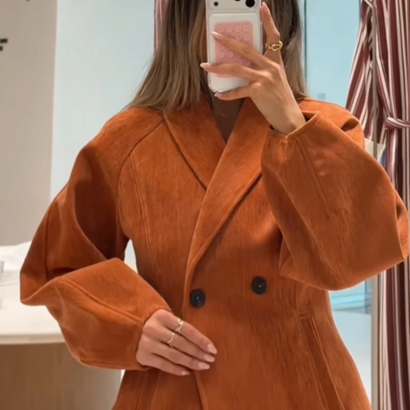 2026 Women's Solid Color Slim-Fit Double-Breasted Jacket Long Sleeve Notched Collar Elegant Casual Coat Warm for Fall and Winter