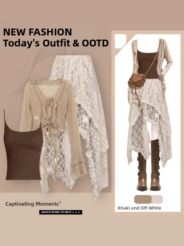 

Vacation Style Lace Half Skirt Long Sleeve Ethnic Fashion Set Three Piece Women's Polyester Fiber V Neck Dressing Ensemble