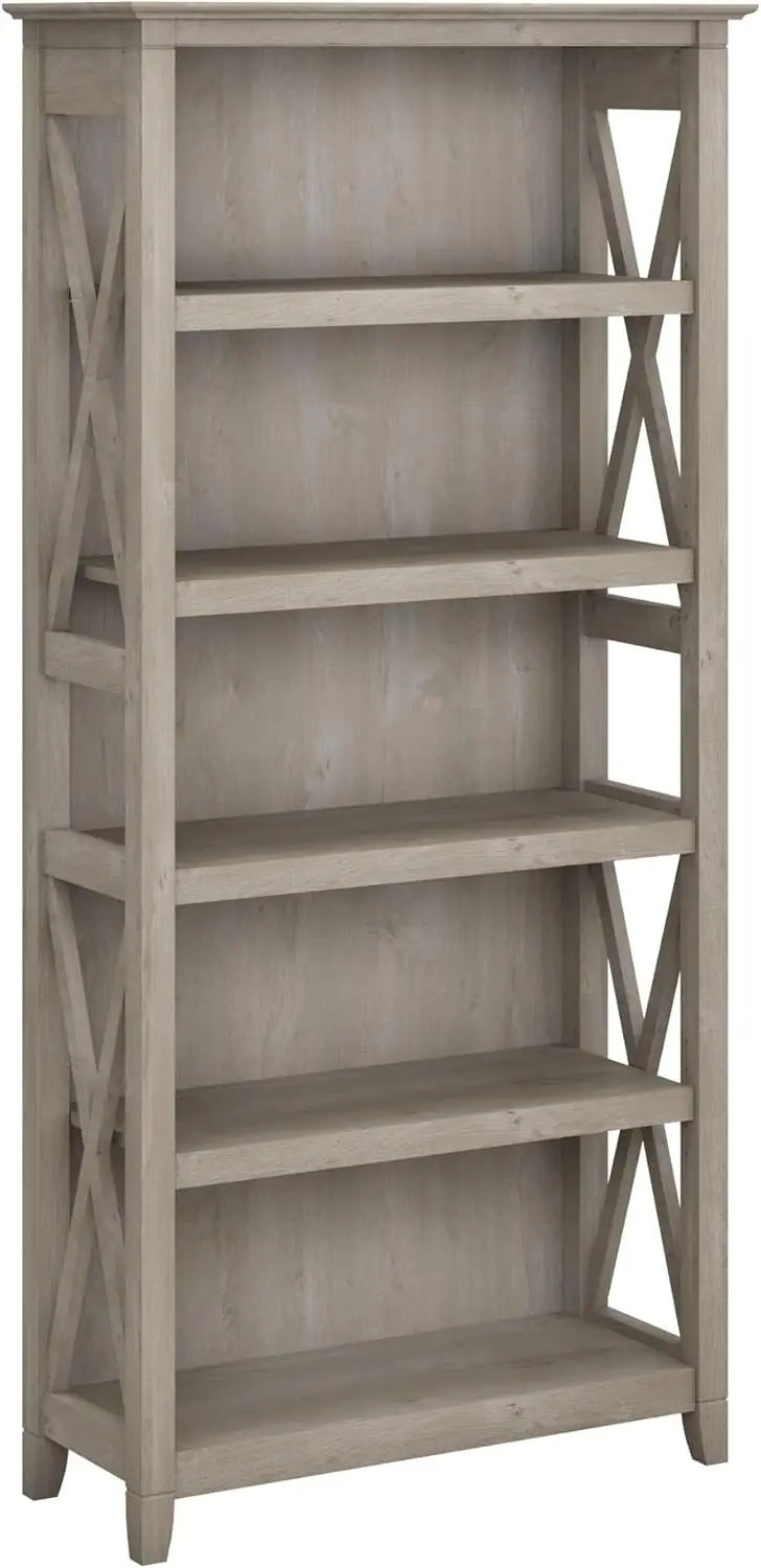 Furniture Key West Tall 5 Shelf Bookcase in Washed Gray | Large Book Shelf, Large Bookshelf for Living Room or Office Space