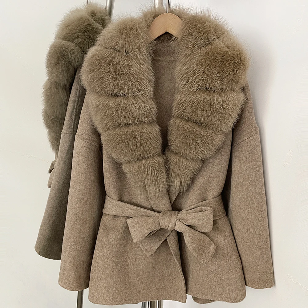 Women's Reversible Wool Blend Coat Straight Fit Minimalist Natural Fox Fur Trim Daily City Style Autumn Winter Outerwear Fashion