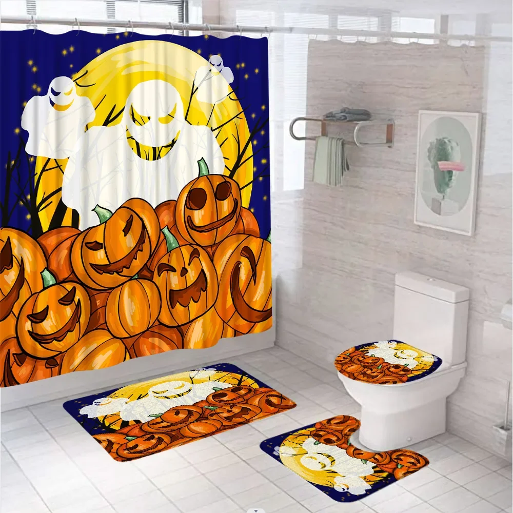 Halloween Spooky Ghosts Shower Curtain Set Watercolor Pumpkin Full Moon Bathroom Curtains Non-Slip Bath Mat Rug Lid Toilet Cover