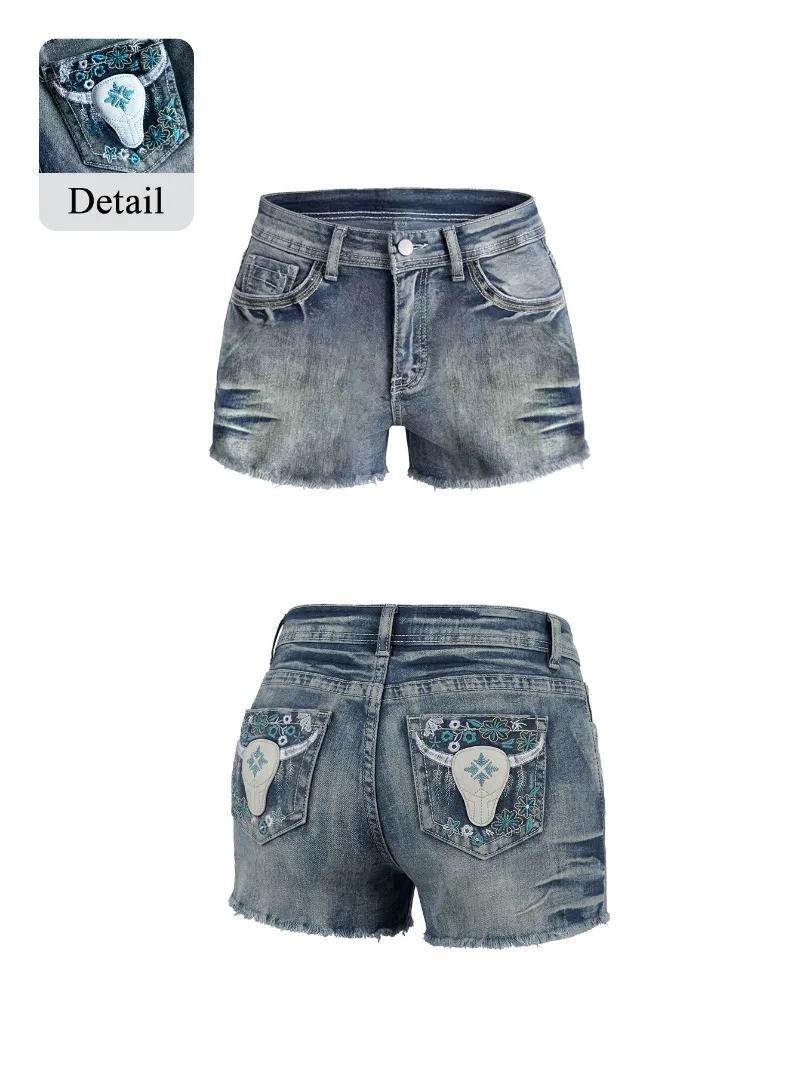 

Y2K Women Denim Shorts Vintage Washed Low Rise Bull Head Embroidered Raw Hem Hot Pants Streetwear Western Cowboy Style Summer