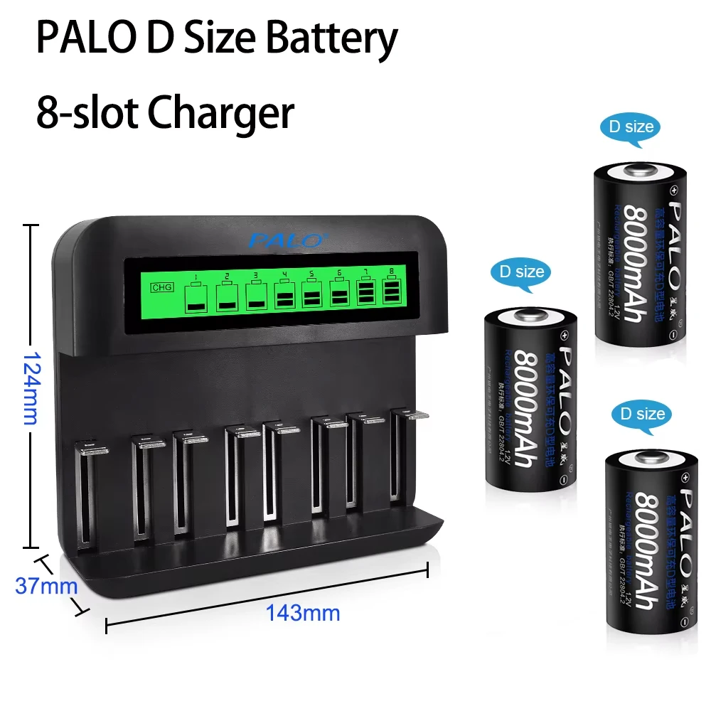 PALO LR20 Rechargeable Battery 1.2V Ni-MH D Size 8000mAh Battery with LCD USB Charger NIMH D Cell R20 Batteries for Water Heater
