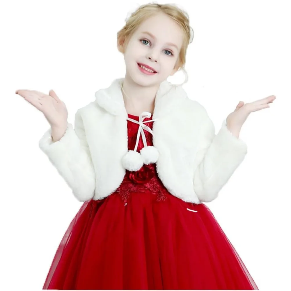 

Girls White Fur Coat Jacket, Princess Shawl Shrug, Bridesmaid Tippet Cape Cardigan for Wedding Party, Pom-pom Strap Christmas