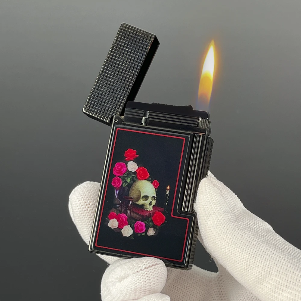 mechero Luxury Lighter Black Copper - Floral Skull & Paris Nail Pattern  Chinese Lacquer Men's Gift Butane Refill Gothic Style
