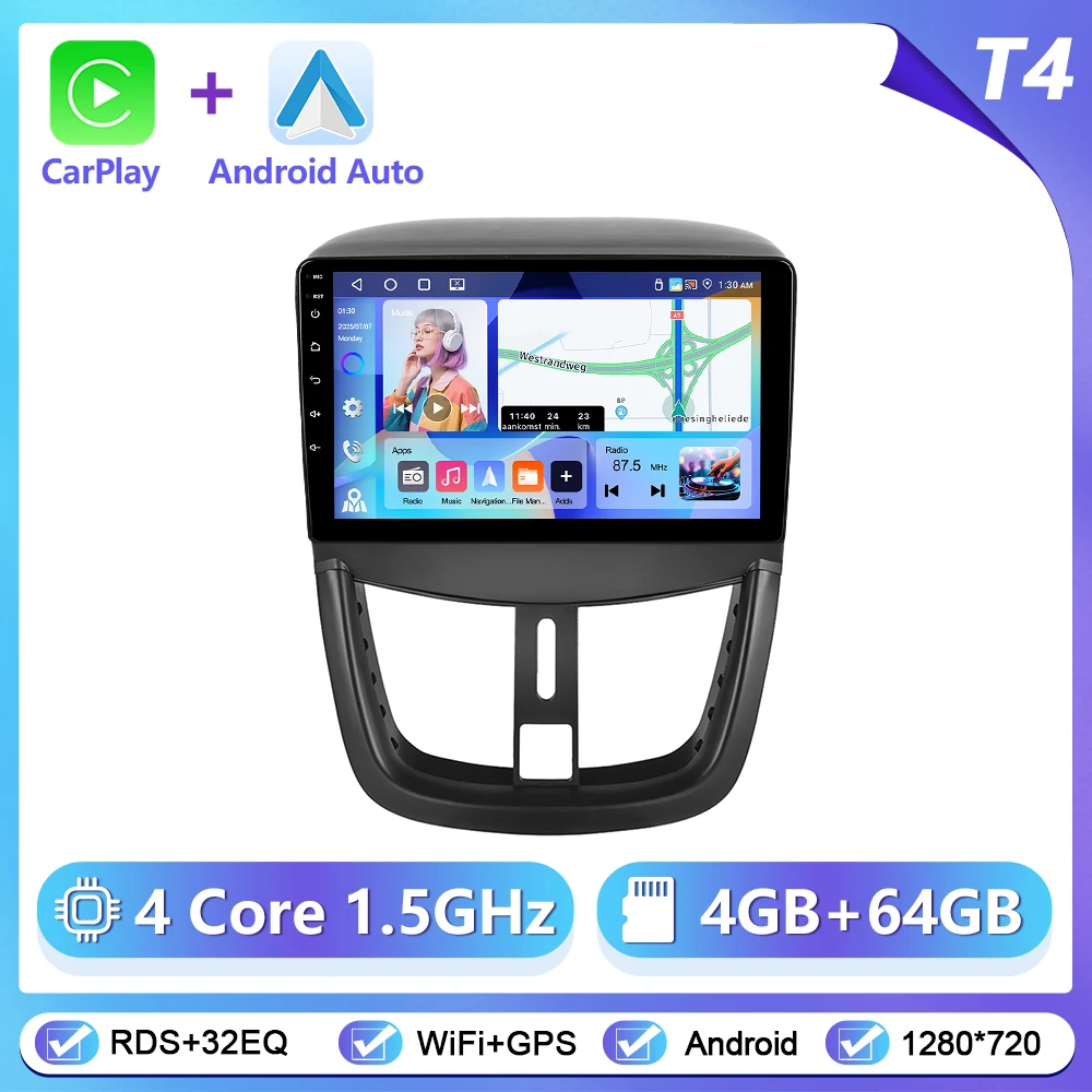 Podofo draadloze CarPlay Android Auto autoradio voor Peugeot 207 2009-2013 GPS navigatie 2Din multimediasysteem autoradio stereo