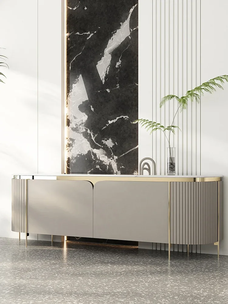 خزانة تلفزيون فاخرة بإضاءة إسكندنافية وطاولة قهوة حديثة وبسيطة وبلاط صخري وخزانة مزخرفة ومجموعة طلاء لغرفة المعيشة مدمجة #4