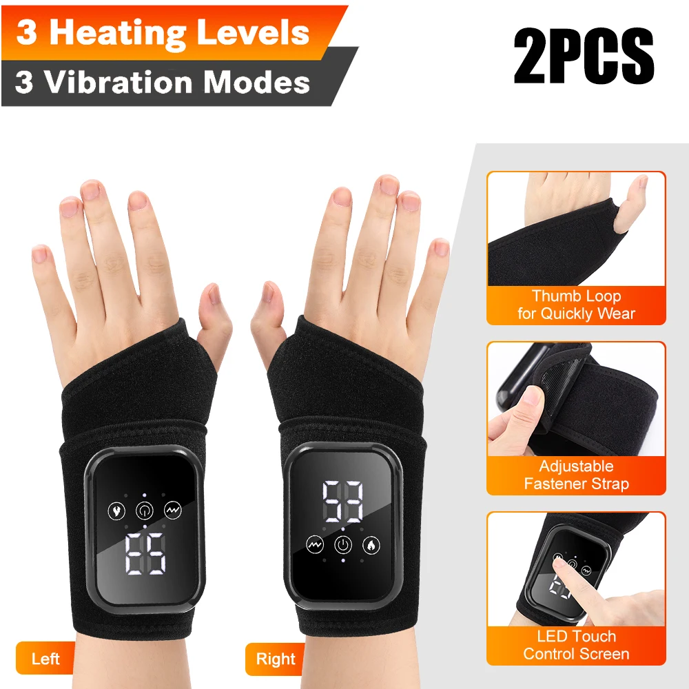 

2PCS Electric Heating Wrist Massager Protector 3 Gear Vibration Hot Compress Hand Massage Wrap Heated Wrist Brace For Tendonitis