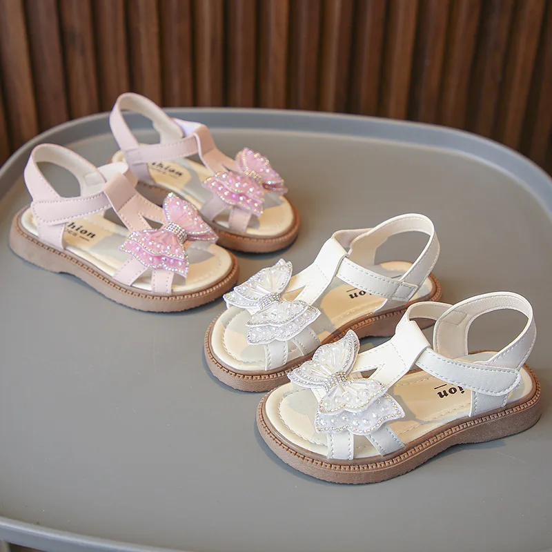 Spring Autumn Girls Princess Sandals Butterfly Bow Pearl Beach Shoes Children Soft-soled Beach Shoes Kids Stage Shoes Everyday