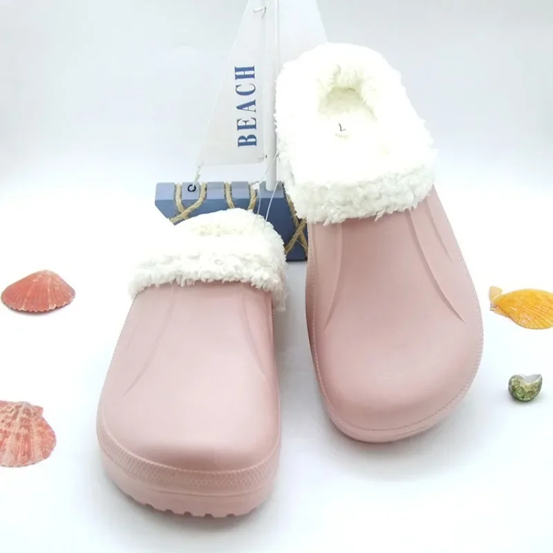 Women/Men non-slip warm cotton slippers fur velvet hole shoes waterproof autumn/winter 2024 plush nurses work shoes flip flops