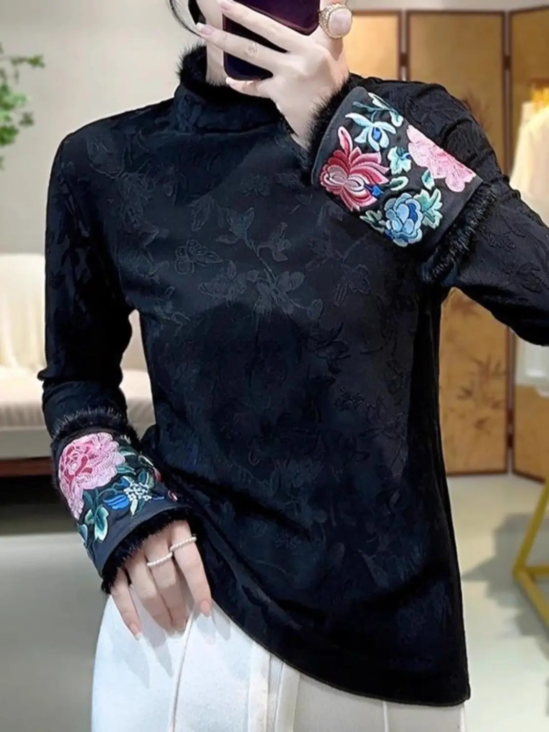 

Китайская традиционная блузка с вышивкой в китайском стиле и половиной шеи | Жаккардовый новый национальный шикарный черный женский топ с длинными рукавами