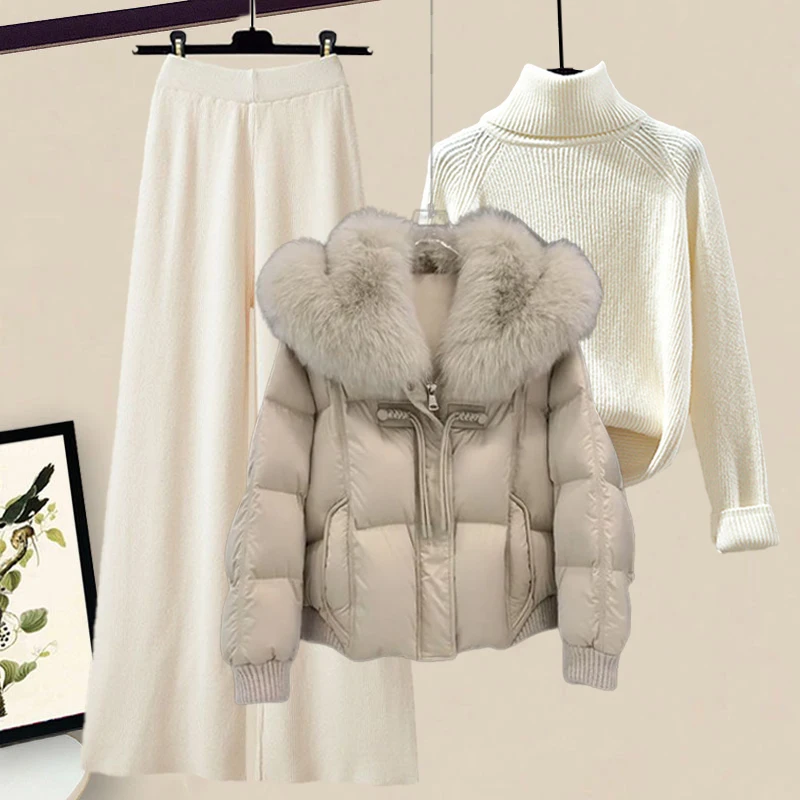 

Thiened Fce Cotton Jaet Women's Winter New Sle f High Collar Knitted Sweater Match High Waist Wide Leg Casual Pants