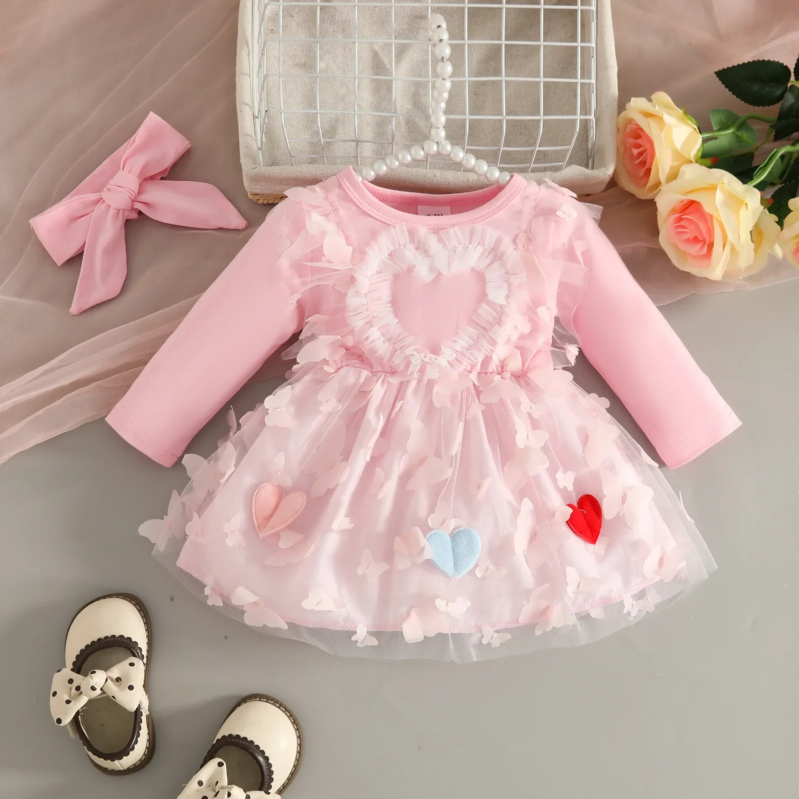 

Тюлевое платье в форме сердца для маленьких девочек с бантом на голову, вязаное платье с длинными рукавами, милый модный наряд