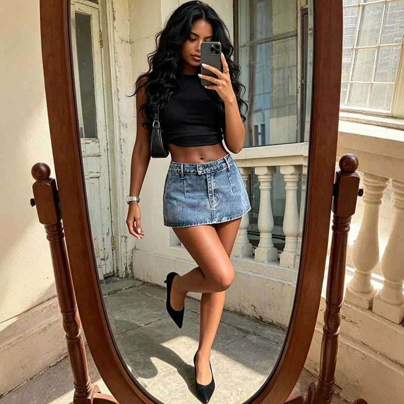 Sexy Retro Denim Skirt Women 2026 Summer Anti-Light High Waist A-Line Mini Skirts Woman Slimming Hot Girl Wrap Hip Skirt Ladies
