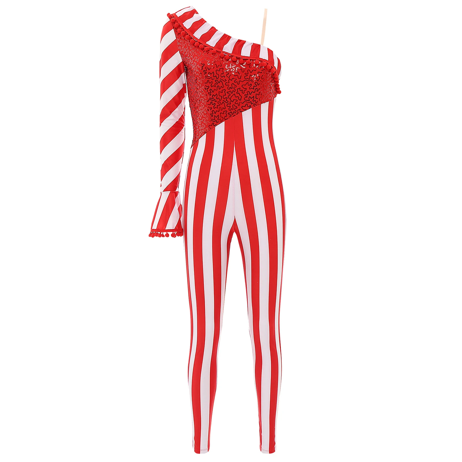 Sexy Kerst Womens Candy Cane Cosplay Jumpsuit Met Één Schouder Uitlopende Mouw Glanzende Lovertjes Bodysuit Kerstfeest Kostuums