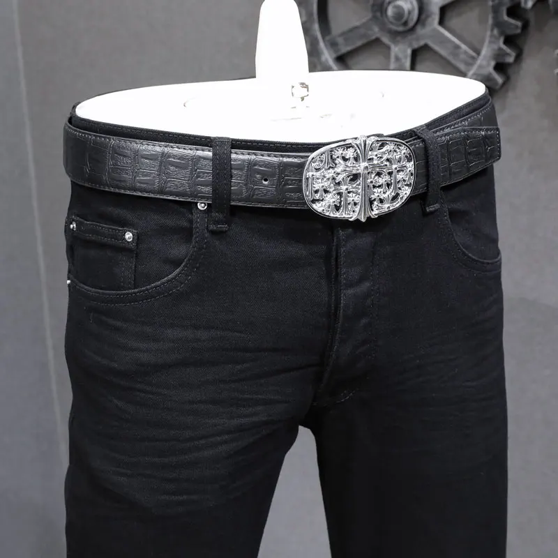 High quality and fashionable new men's jeans stretch slim fit washed black jeans from high street hip-hop brand, high-quality lo