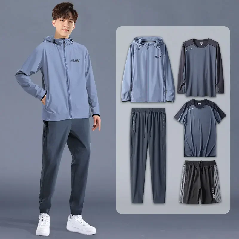 5pcs Set Sports Suit Men's Outdoor All Season Running Training Windproof Fitness Long-sleeved Quick-drying Loose Men's Clothing