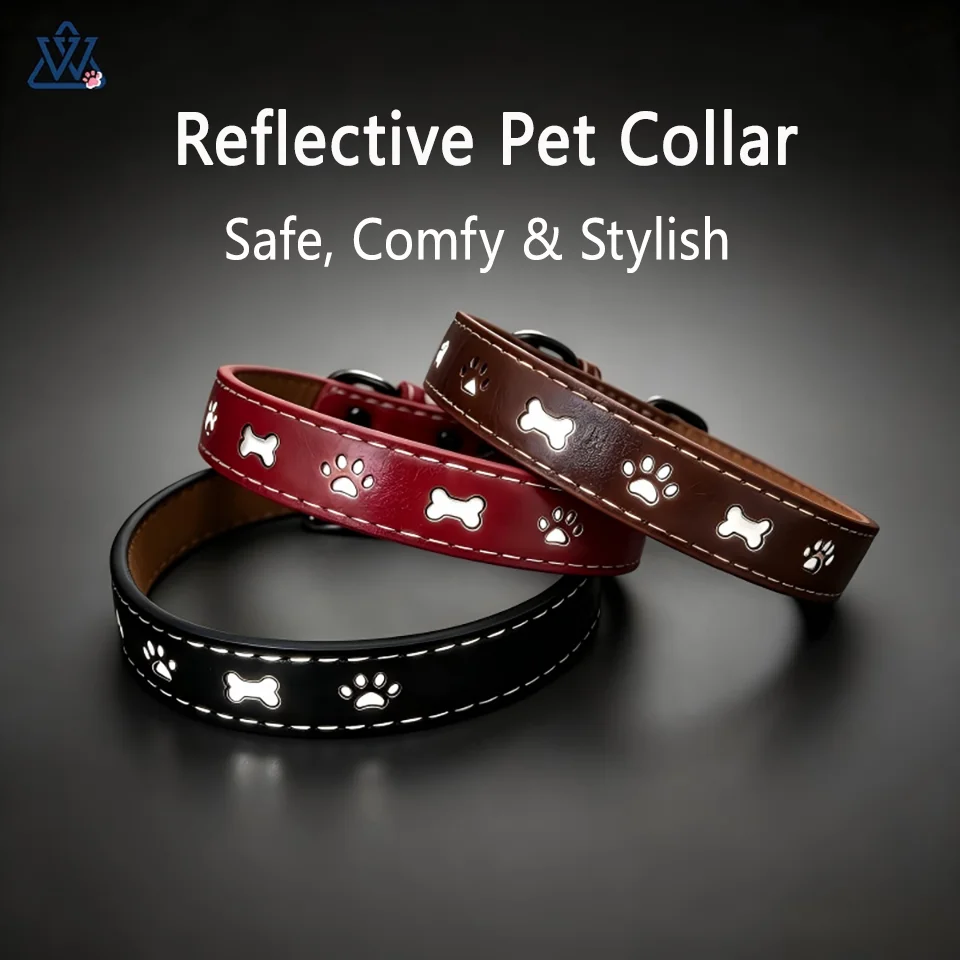 Collier pour chien en cuir PU réfléchissant haute visibilité - Collier pour chien sûr, confortable et élégant pour les promenades nocturnes avec boucle en métal durable