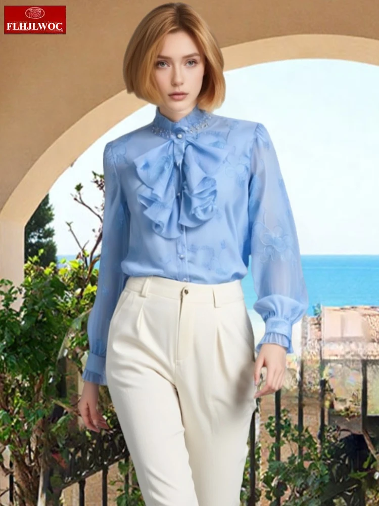 

Bling Beading Basic Shirts Blouses Women Fashion Flare Sleeve Elegant Office Lady Work Solid White Ruffled Lace Chic Tops Blusas
