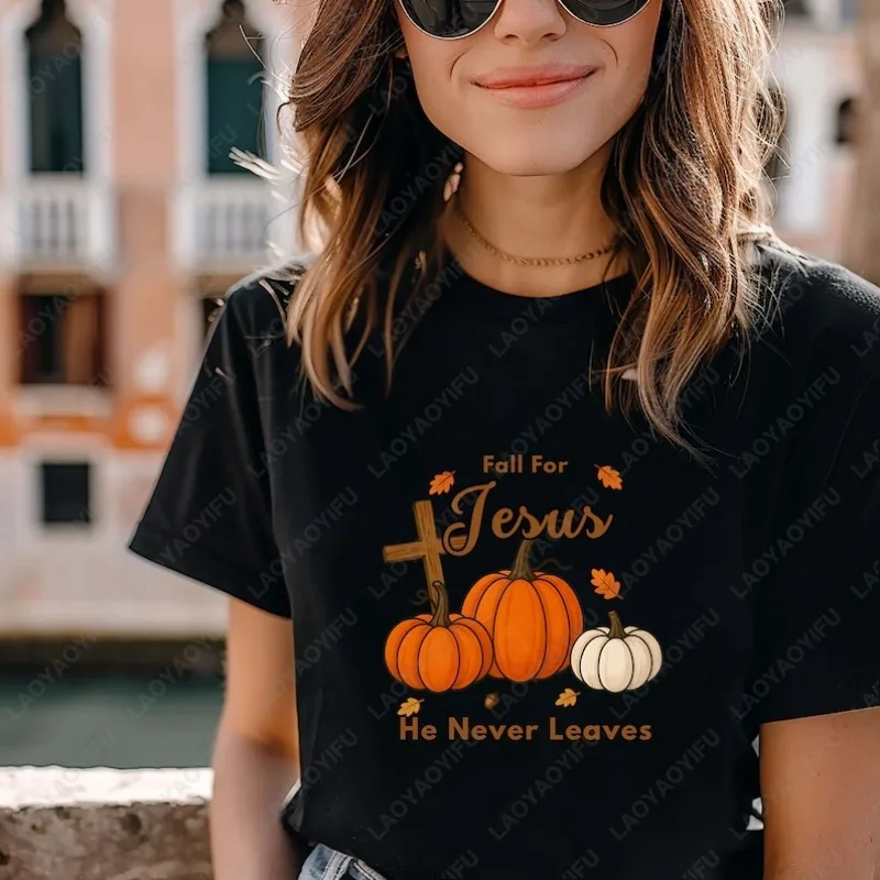 Fall for Jesus Christian Faith Cotton Tshirt Pumpkin Cross Autumn Leaves Graphic Tee Thanksgiving Festival Church Men Women Tops