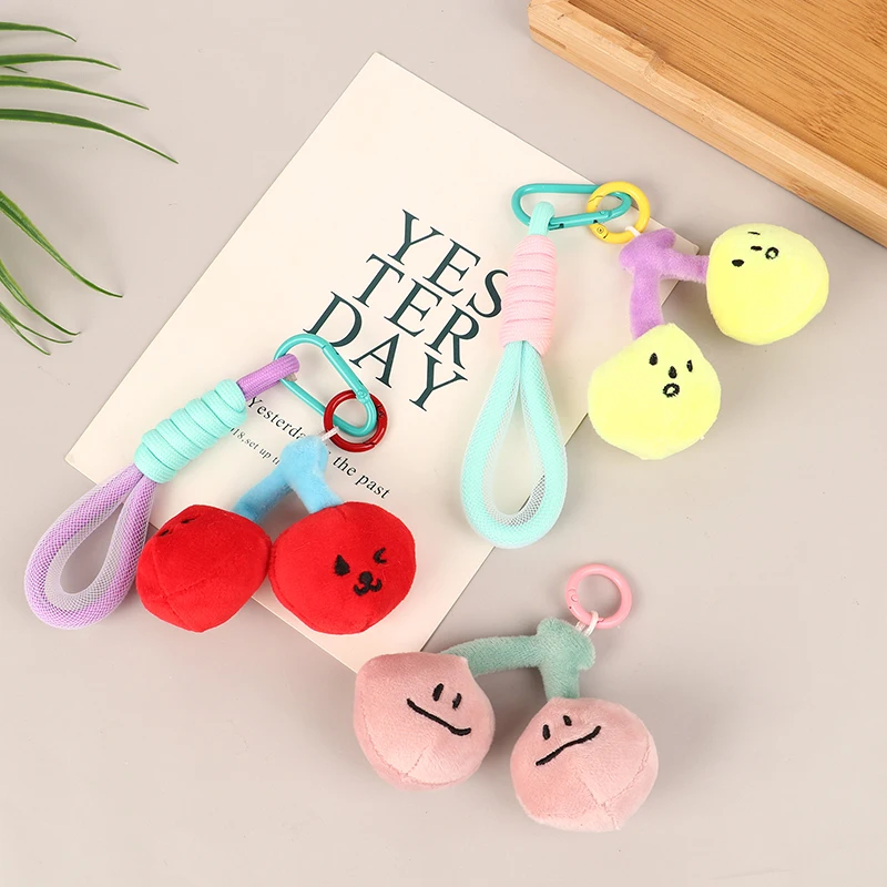 1Pc  Plush Cherry Keychains Funny Expression Car Keys Keychains Korean Style Fruit Doll Keyring With Lanyard Backpack Pendant