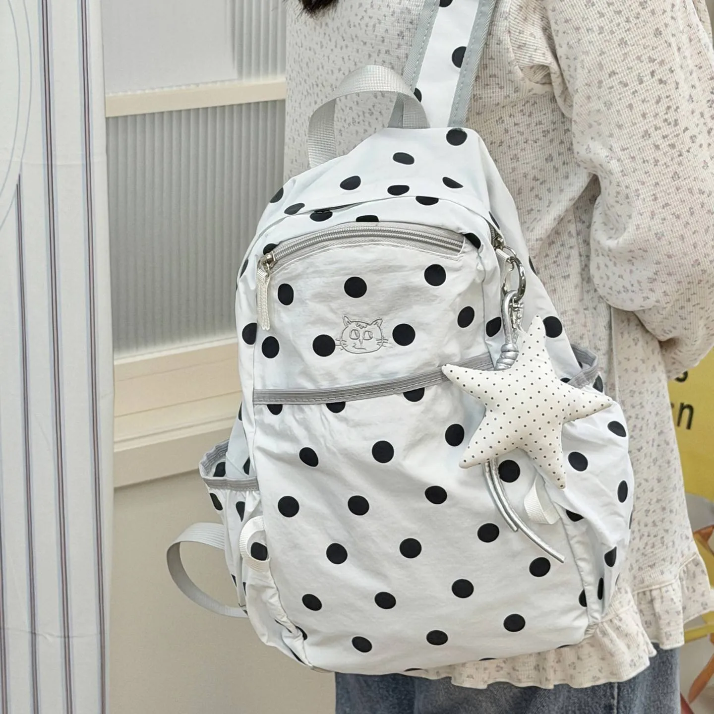 Pink Polka Dot Backpack Lightweight Korean Style High School Student Bag Unisex Travel Bag with Multiple Compartments