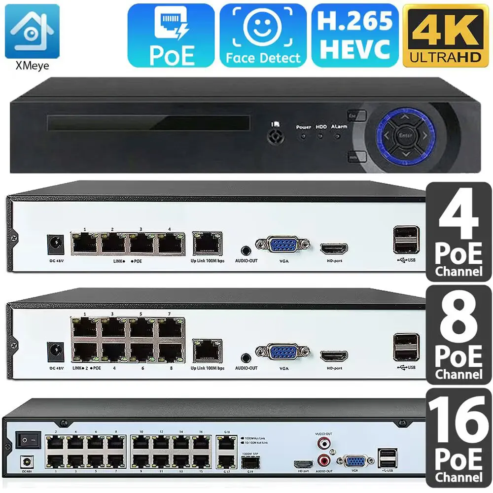 H.265 16CH 4K 48V POE NVR For 3.0MP 4.0MP 5.0MP 8.0MP ONVIF IP PTZ Camera CCTV System Surveillance 2SATA 8CH POE NVR P2P Cloud