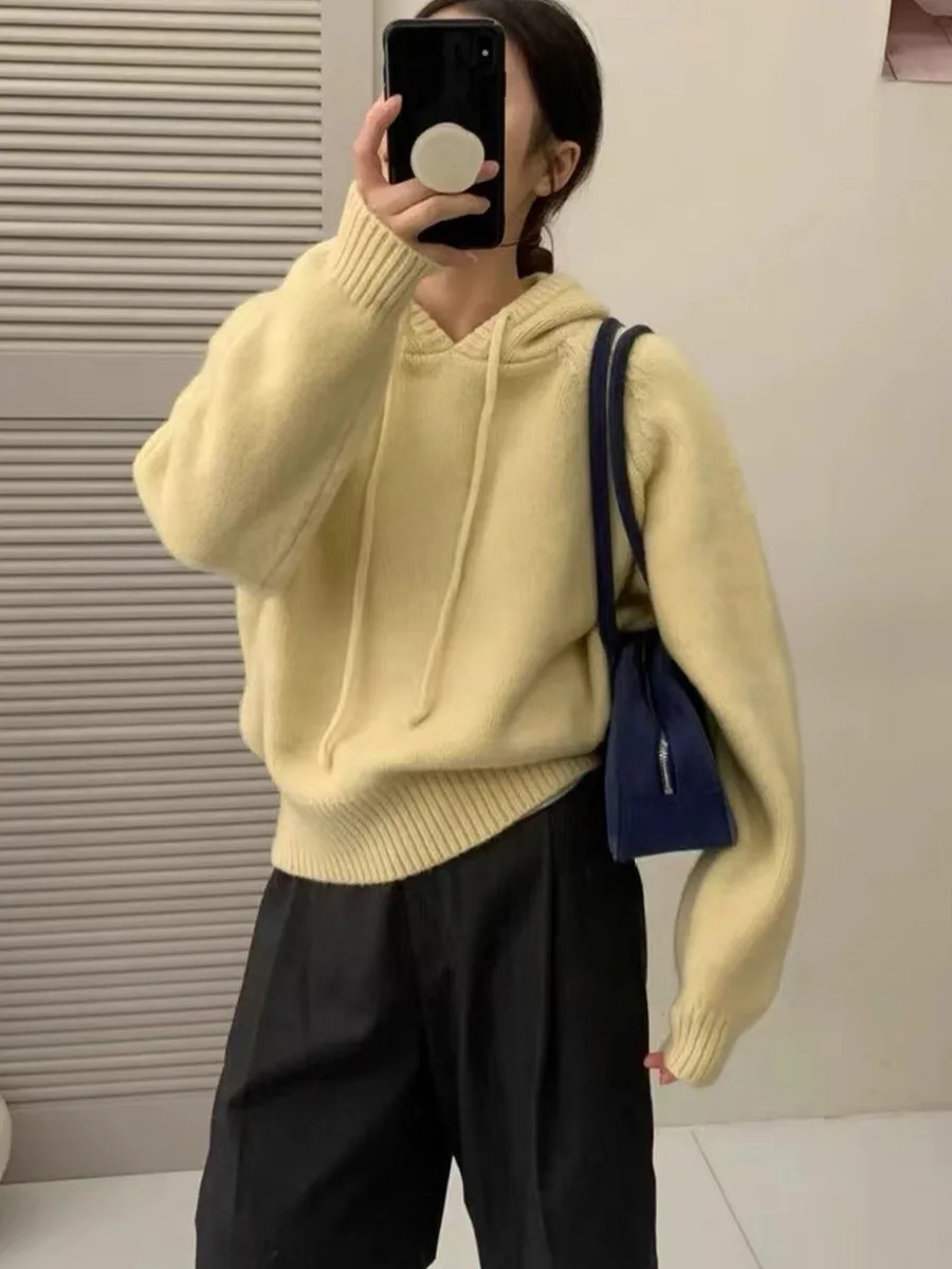 

Korean Sle Autumn Winter Thiened Hoodie Knitted Sweater ort Loose Fit Base Layer Women's Casual Wear Daily Warmth