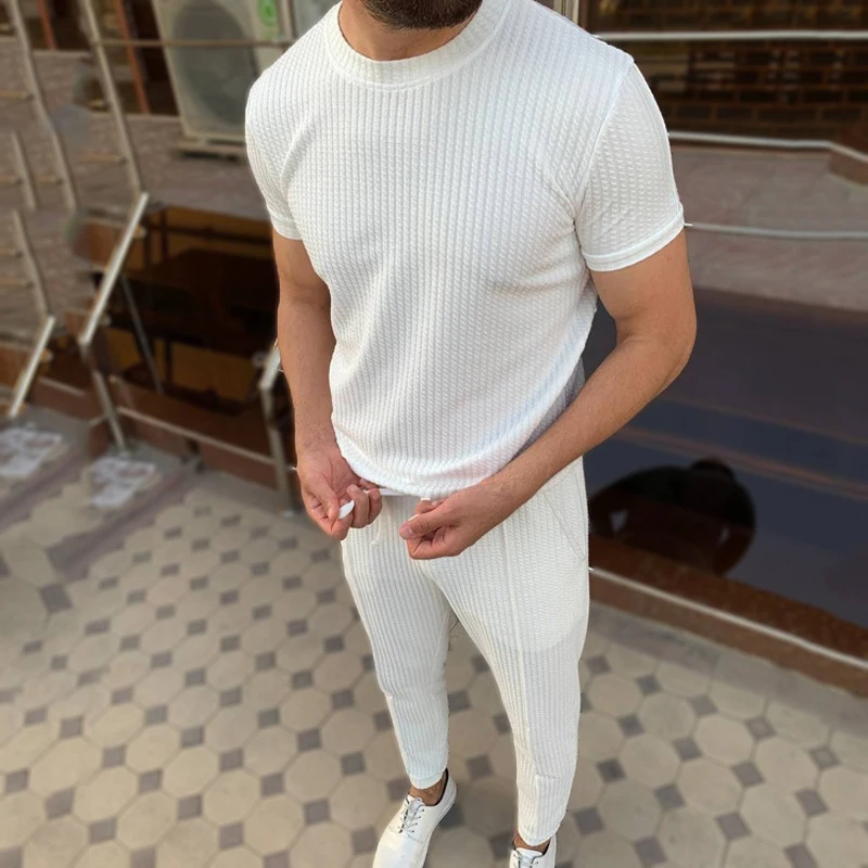 

Casual Wear Men's Cotton Two Piece Sets Short Sleeve O Neck T Shirts And Pants Slim Fit Suits Spring Summer Men Fashion Outfits