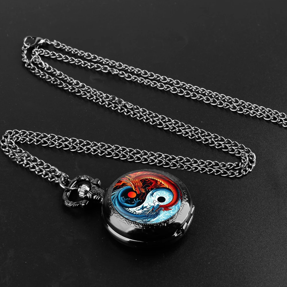 Yin-Yang Dragon Glass Dome Quartz Pocket Watch With Durable Chain Arabic Numeral Dial Creative Gifts for Men Women Kids