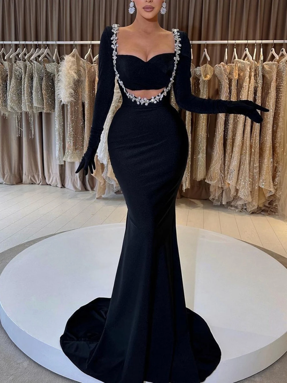 Black Beaded Prom Dresses(No Gloves) Modern Mermaid Velvet Evening Dress Eleagnt Formal Dress For Women Custom Made