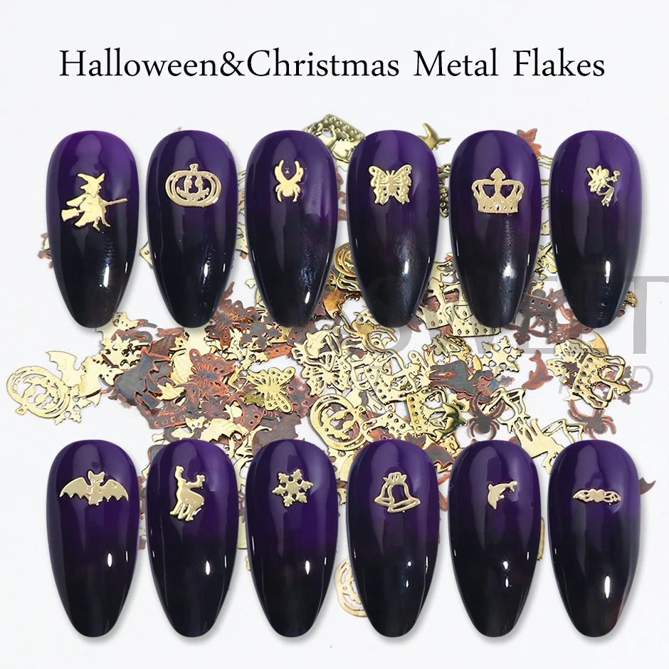 1 Box Mixed Halloween Shape Nail Metal Sequin 3D Black Gold Witch Spider Snowflake Design Xmas Jewelry Accessories Slices LY1034