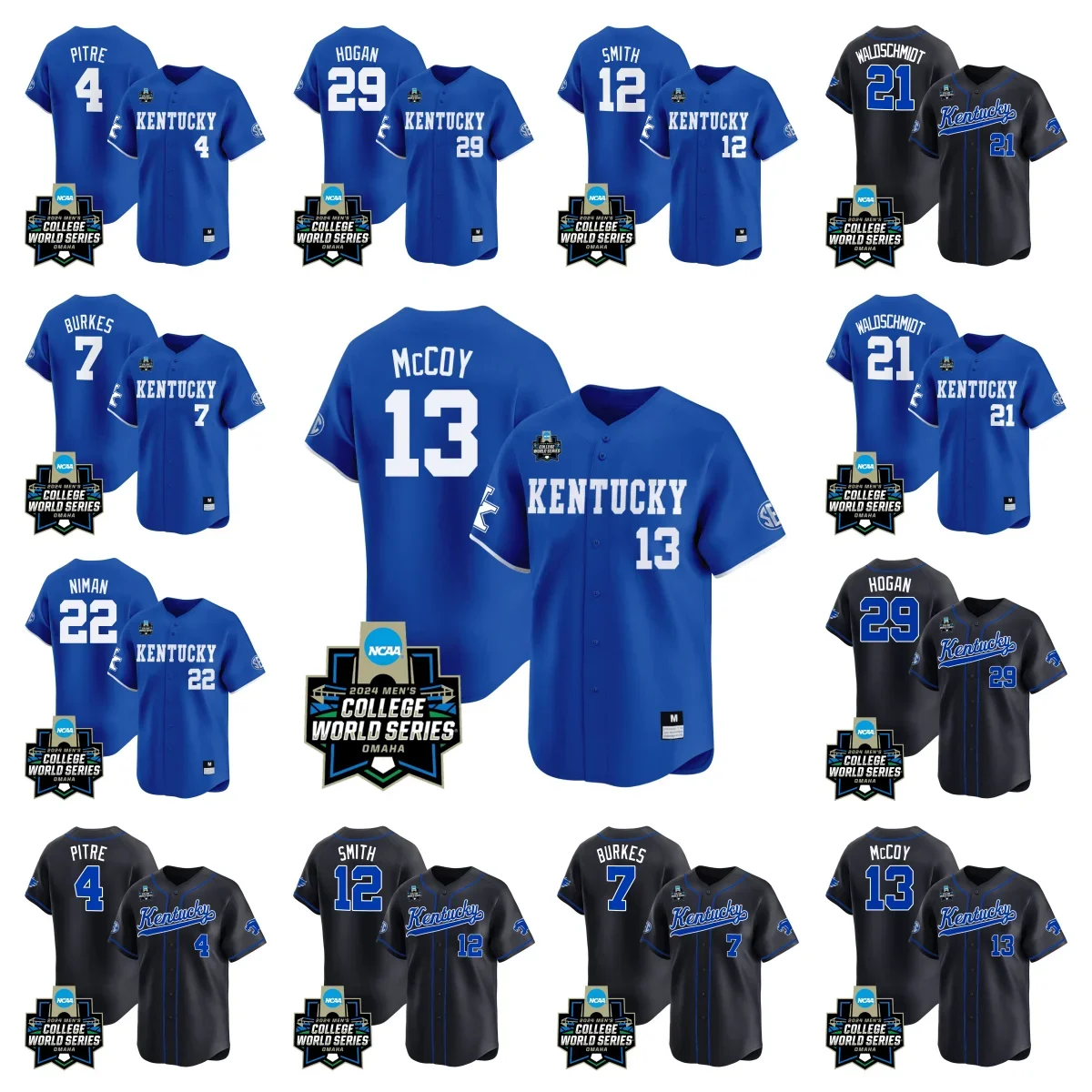 

Custom MEN KENTUCKY 2024 COLLEGE WORLD SERIES LIMITED JERSEY #7 DEVIN BURKES #13 JAMES MCCOY #22 DOMINIC NIMAN