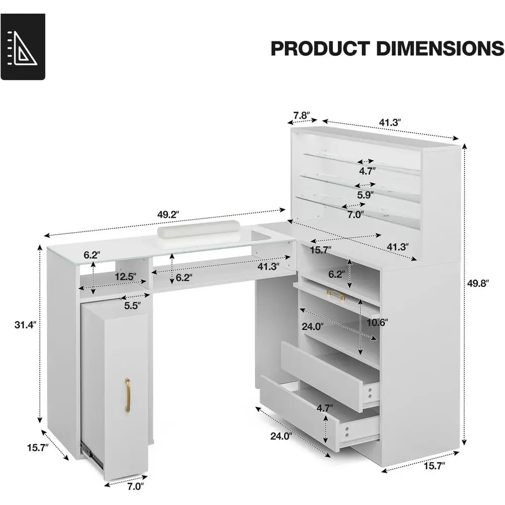 White L-Shaped Manicure Table with Glass Top, LED Lights, Storage, Acrylic Resistant, Wrist Cushion & Gold Handles