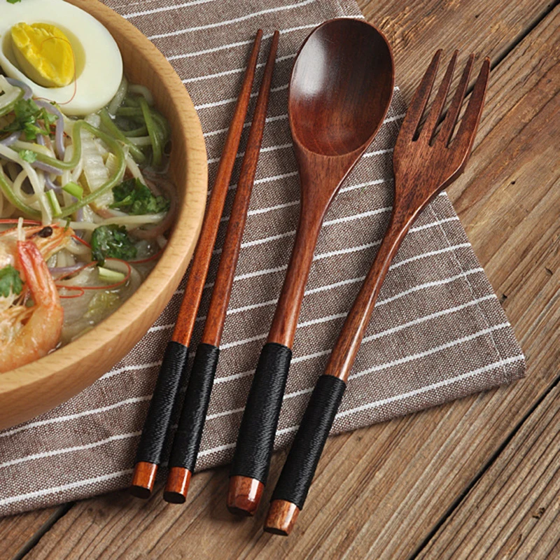 3 Piece Tableware Set Utensils for Kitchen Gadget Sets of Kitchen Gadgets Natural Wood Tableware Spoon Chopsticks Fork Cutlery