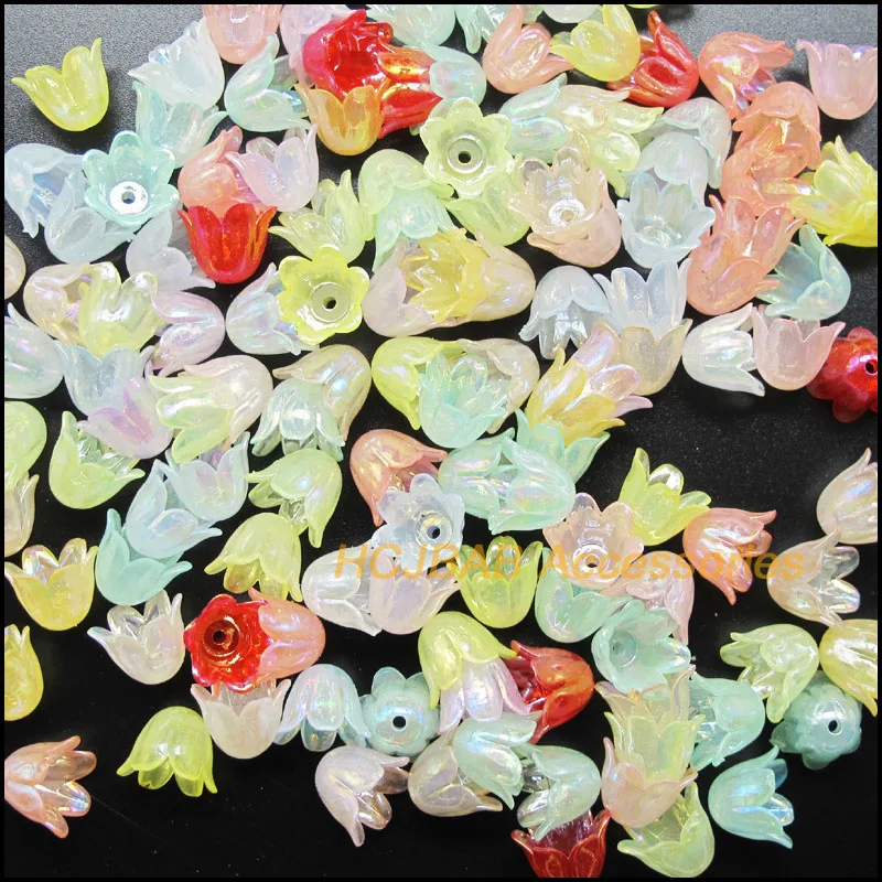 120 New Orchid Plastic Charms Flower Bell Acrylic Spacer Beads Jelly Mixed 9x11mm