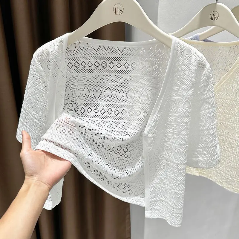 

plus Size Ice Silk Hollow ort Sve Women's Cardigan Summer Sun Protection Outerwear with Strap Air Conditioning Cover up