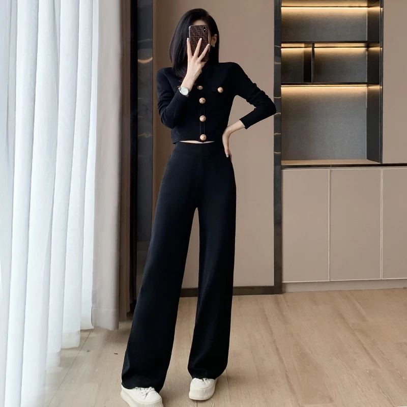 ZJYT Autumn Winter Knitted Pant Sets 2 Pieces for Women Fashion Buttons Long Sleeve Cardigan Sweater Trousers Suit Black Outfit