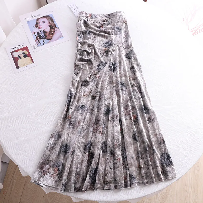 Vintage Neo-chinese Y2K Print Grey Velvet Midi Skirt Women Spring Autumn Elegant Luxury Ruched High Waist Bodycon Mermaid Skirt