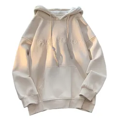 Winter New Clothes Loose Apricot Letter Hoodies Embossing Process Harajuku Thick Casual Sweatshirt Women Y2k Long Sleeve Fleece