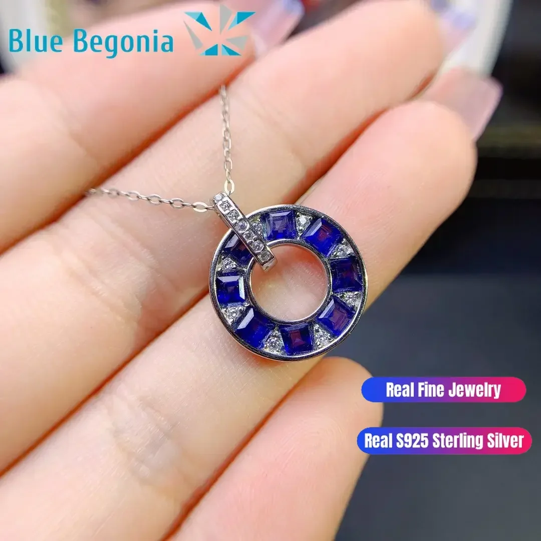 Natural Sapphire Pendant 8pcs 3*3MM Genuine Gemstone Necklace 925 Sterling Silver Jewelry for Women Anniversary Gift